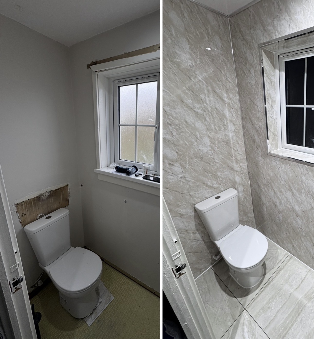 The same bathroom before renovation on the left and after renovation on the right